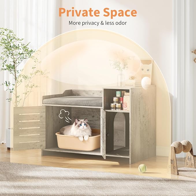 Cat Litter Box Enclosures, Large Hidden Cat Litter Box Furniture with Double Door, Wooden End Table Litter Box Cabinet with Storage Shelf, Cushion & Litter Mat, Dog Proof Design, Modern Cat House