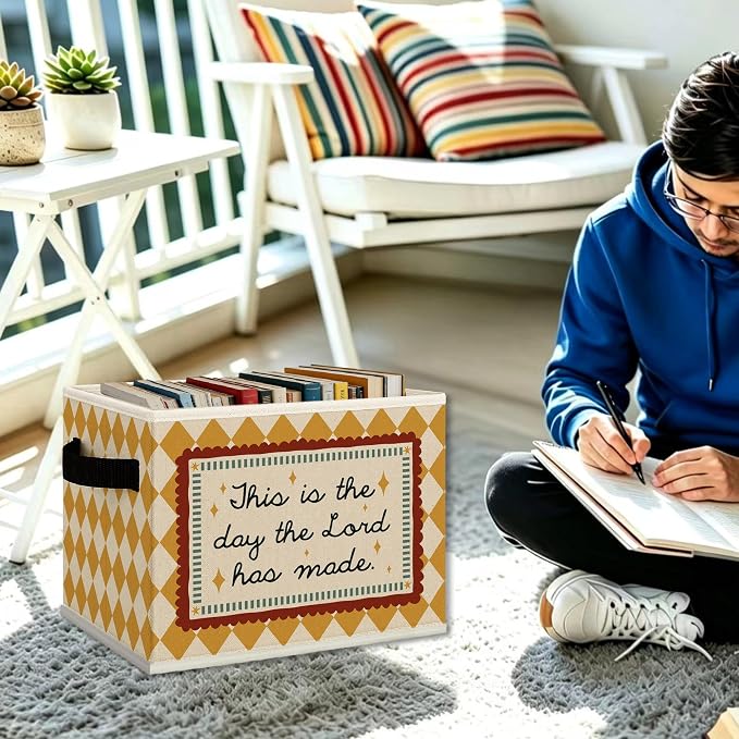 Christian Nursery Cube Storage Bins with Handles, Bible Verse Motivational Collapsible Fabric Storage Basket Boxes Books Clothes Organizer for Kids Boys Girls Room Bedroom Bathroom