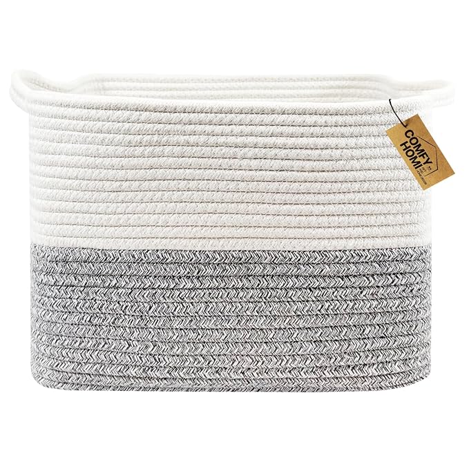 COMFY-HOMI Square Woven Cotton Rope Basket for Organizing, Gift Baskets for Handles, Empty Gift Baskets, Toy Basket for bins|13.5" x 11" x 9.5" home decor for Living Room, Bathroom