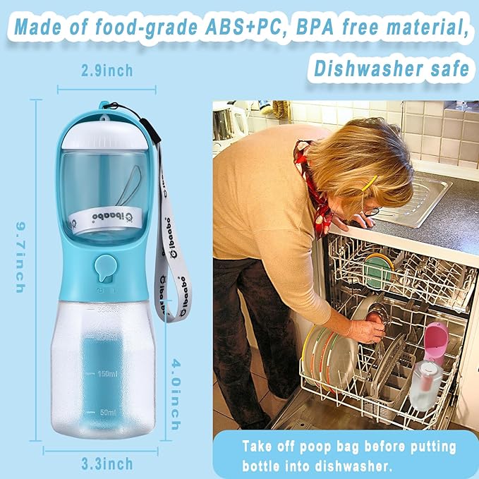 Cibaabo Dog Water Bottle with Food Container & Poop Bag Holder & Filter | Feeding & Hydration & Waste All in One | Travel Puppy Water Bowl | Portable Pet Dispenser | Girl Dog Accessories for Walking