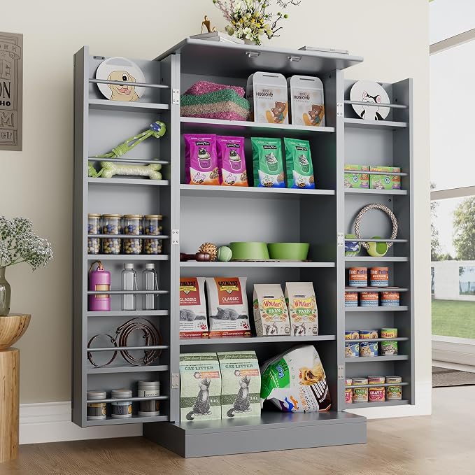 Saudism 47" Dog Food Storage Cabinet with Adjustable Shelves, Walnut | Freestanding Pet Storage Container Organizer for Living Room and Dinning Room