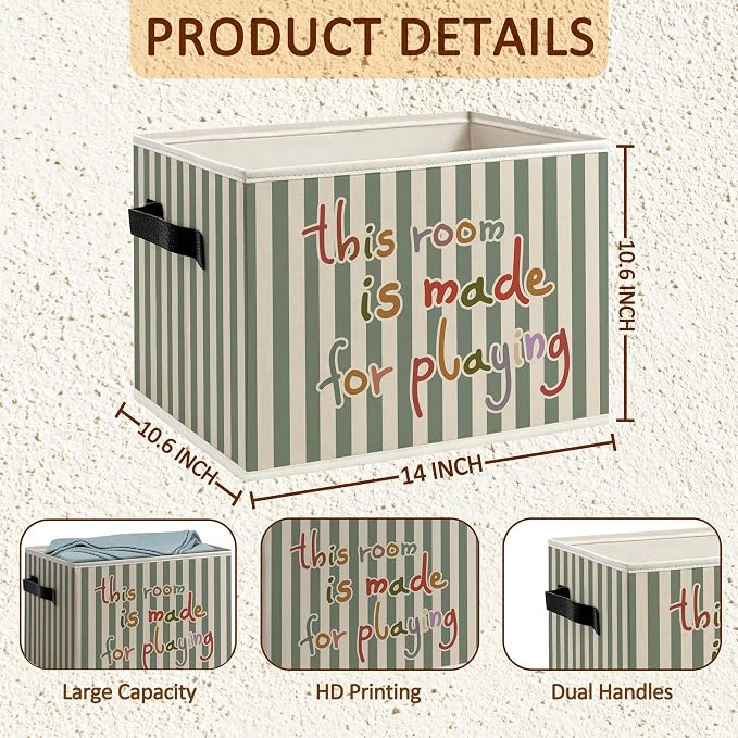 Retro Kids Nursery Playroom Foldable Storage Bins Box with Handles, Green Striped This Room Is Made for Playing Decorative Storage Boxes Baskets Toybox Organizer for Boys Girls Kids Bedroom