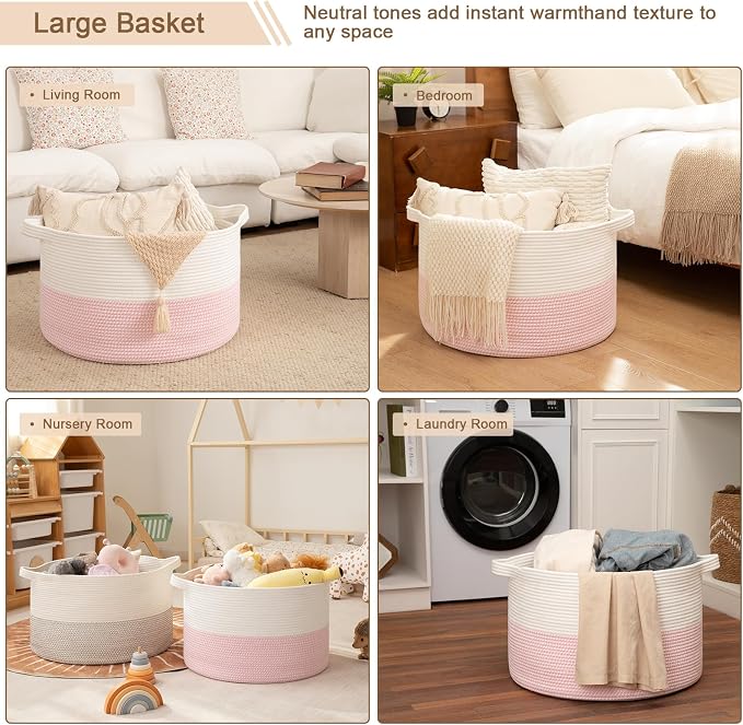 OIAHOMY 115L Extra Large Blanket Basket for Living Room, 23.6" x 15.4" Woven Cotton Rope Laundry Basket for Organizing Pillows, Decorative Stuffed Animal Toy Storage for Nursery, White and Pink