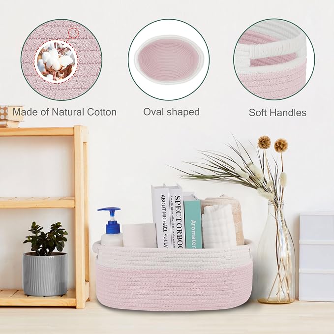 Small Woven Gift Basket with Bag & Ribbons, Light Pink | Cotton Rope, 13”x 9”x 5.5”, Fits for Kids, Women & Men, Bedroom, Living Room, Nursery & Bathroom Storage, Cat & Dog Toy Boxes
