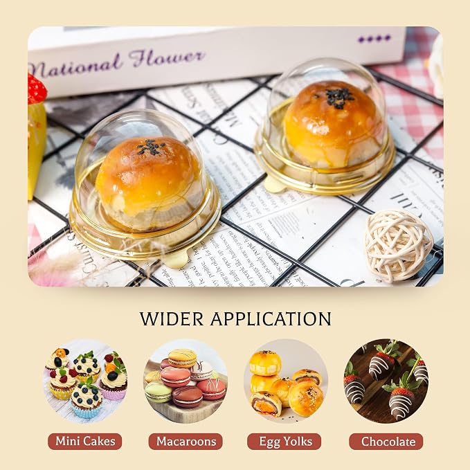 NPLUX 50 Pack Gold Mini Individual Cupcake Containers with Clear Lids | 50 clear PET Cupcake Boxes,2.8x2 IN,Desk Pet,Mini Cupcake Holder,for Mooncakes, Wedding Favors, and Elegant Dessert Displays