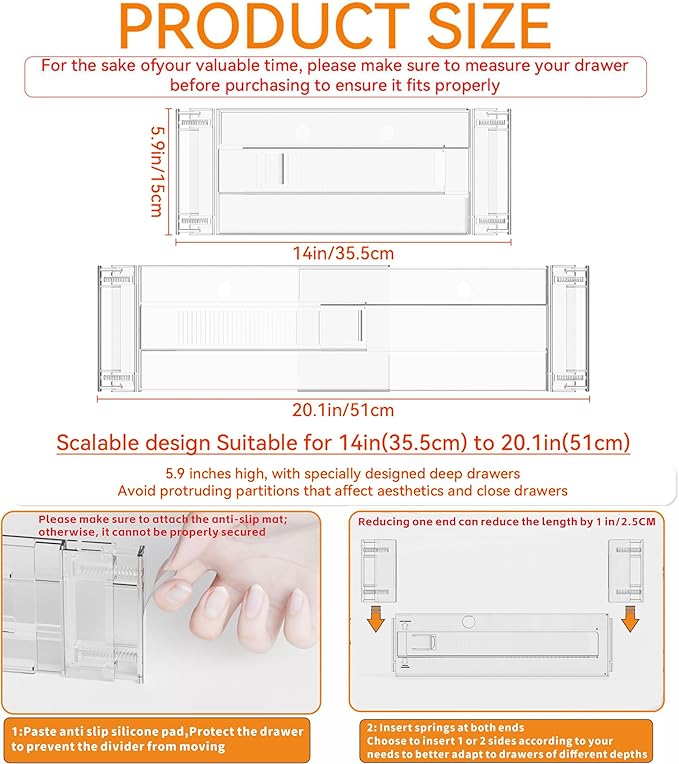 4 Pack Clear Acrylic Drawer Divider 6 Inch High,Expandable from 14-20'',Adjustable Dresser Drawer Dividers for Baby Clothing,Underwear and Sock,Separators,Deep Drawer Separators for Kitchen