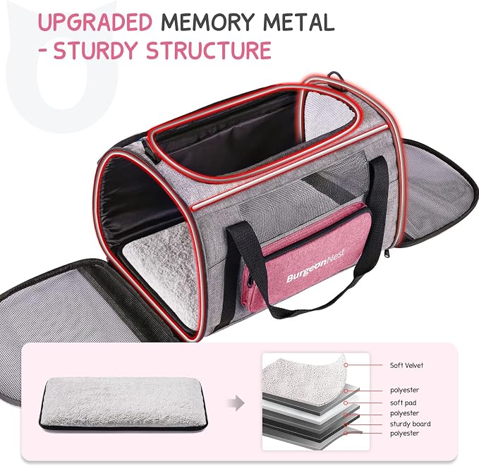 BurgeonNest Soft Cat Carrier for Cats up to 20 Lbs, Top Load Pet Carry Bag | Collapsible Small Pet Carrier Soft-Sided Escape Proof with Unique Side Bag, Breathable Mesh for Car Travel, Medium Pink