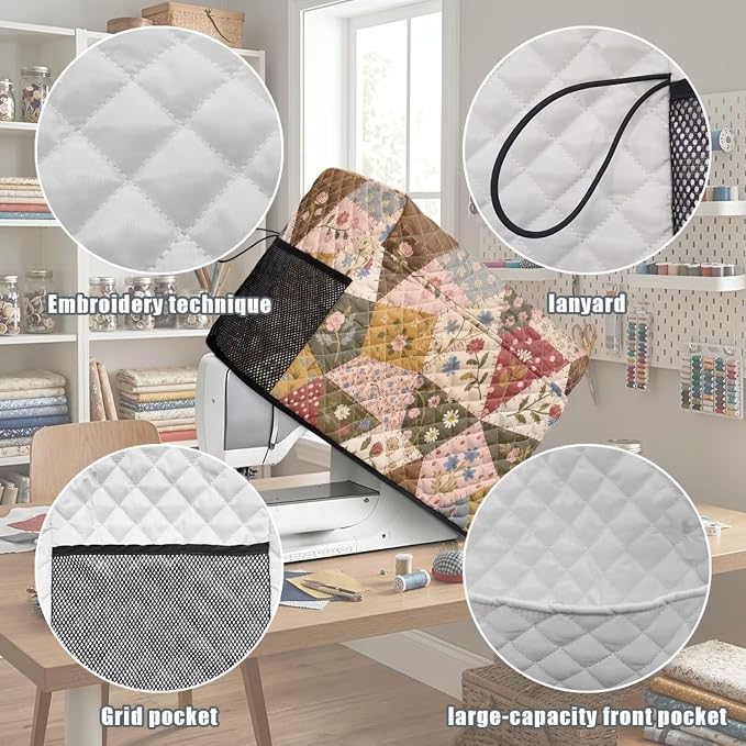 Sewing Machine Cover Polyester Febric Triangle Cottage Floral | Dust Pet Hair Protection,Quilting Design,Fits Standard Singer,Brother Janome Machines,Protecting Decorating Your Sewing Space