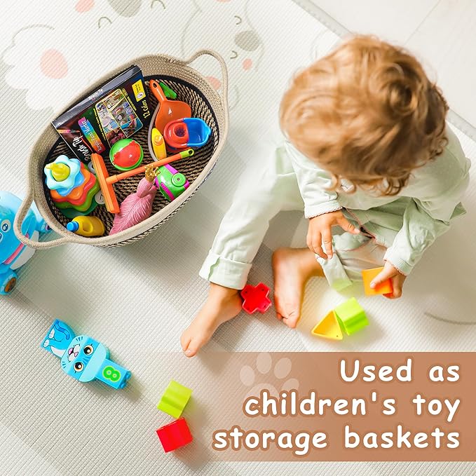 Small Woven Baskets for Organizing Rope Storage Basket with Handle Cute Cotton Nursery Gift Dog Toy Bins Organizer-Black&Beige