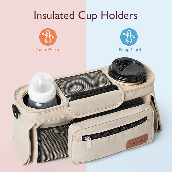 Momcozy Universal Stroller Organizer with Insulated Cup Holder | Detachable Phone Bag and Shoulder Strap, Fits for Uppababy, Baby Jogger, Britax, BOB, Umbrella, and Pet Strollers