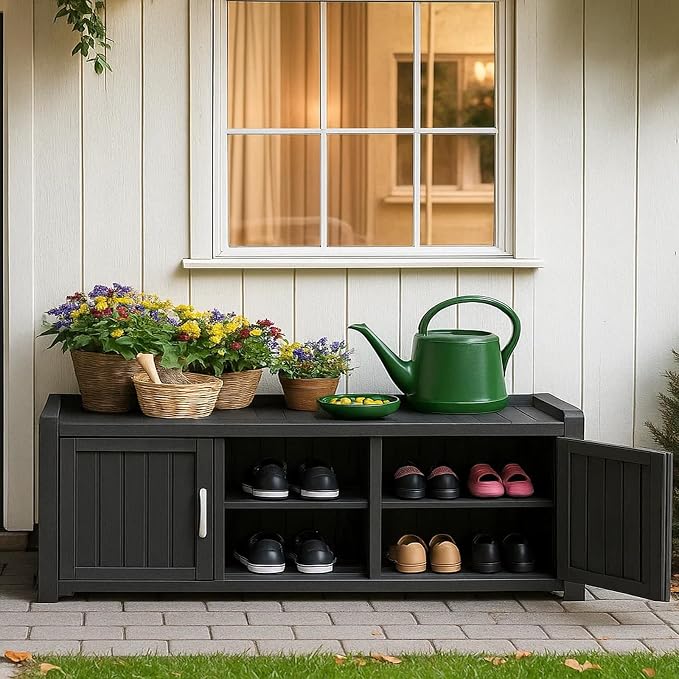 ROJIK Shoe Cabinet Waterproof UV-Resistant,Storage Bench Indoor Outdoor with Adjustable Shelves,for Entryway Bedroom,Hallway,Living Room(3 Door, Black)