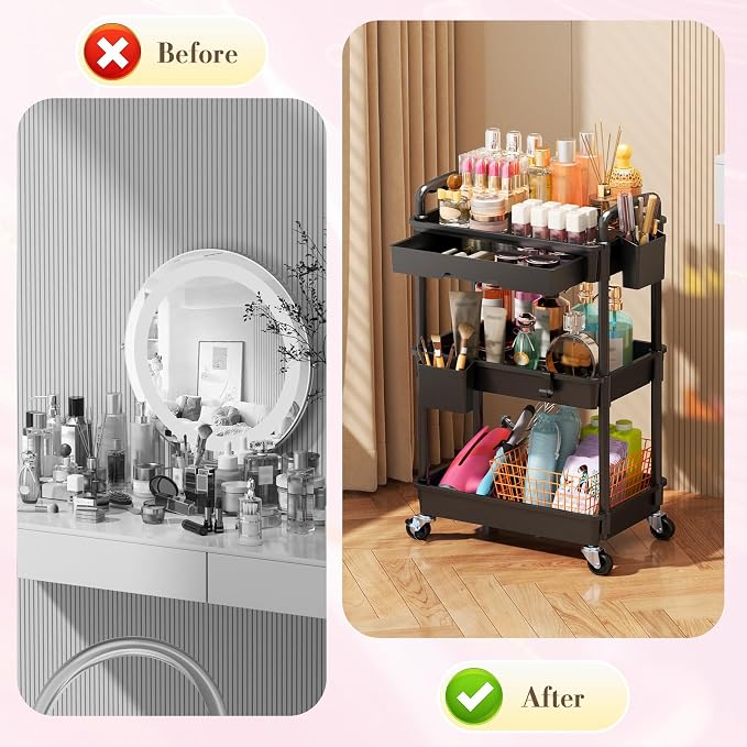 SUNALLY Makeup Cart Organizer with Drawer,3 Tier Rolling Makeup Cart, Black | Rolling Vanity Storage for Skin Care Perfume Nail Polish, Floor Skincare Organizers Cosmetics Display Bathroom Storage Cart