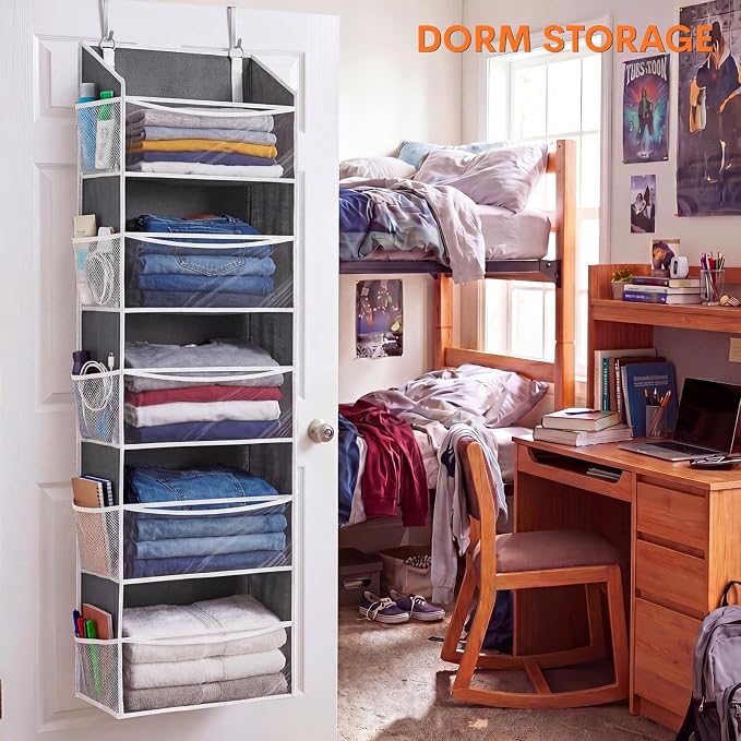 5Tiers Over Door Organizer, Weekly Clothes Organizer for Kids | 5 clear PVC front pockets, 10 mesh side pockets, weekly outfit planner, for kids, dorm, entryway, RV, 50 lbs capacity