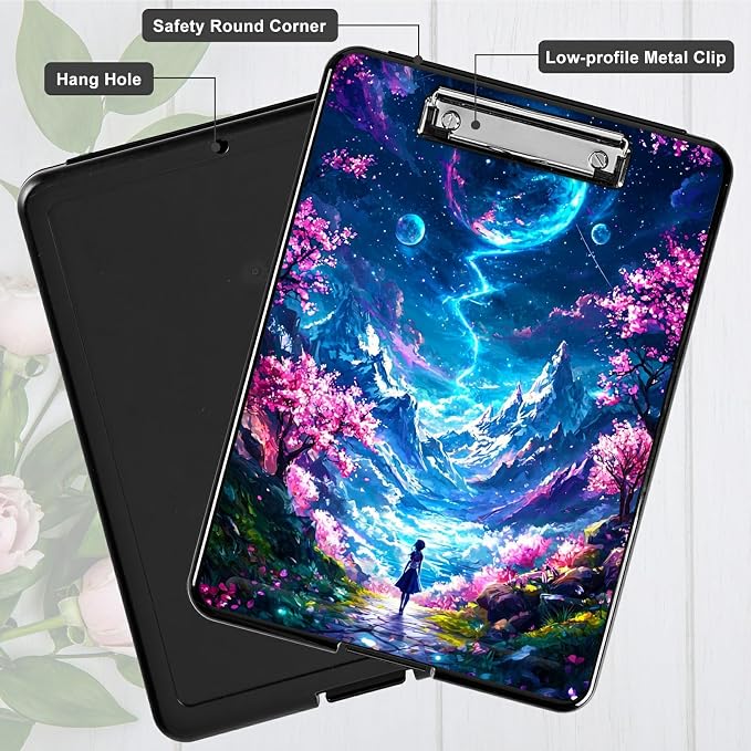 Moon Pink Tree A4 Clipboard with Storage Pen Holder, Clipboards Organizer Nursing Clipboard Foldable File Folder Plastic Clipboard Folio Clip Board for Office Students Classroom Doctor