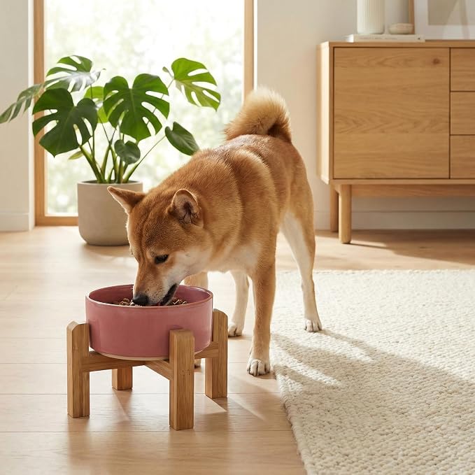 hjn Elevated Ceramic Dog Bowl with Bamboo Stand, Raised Pet Feeding Station for Small Medium Dogs Cats, Modern Design with Anti-Slip Base (Deep Pink, 3.6Cup)