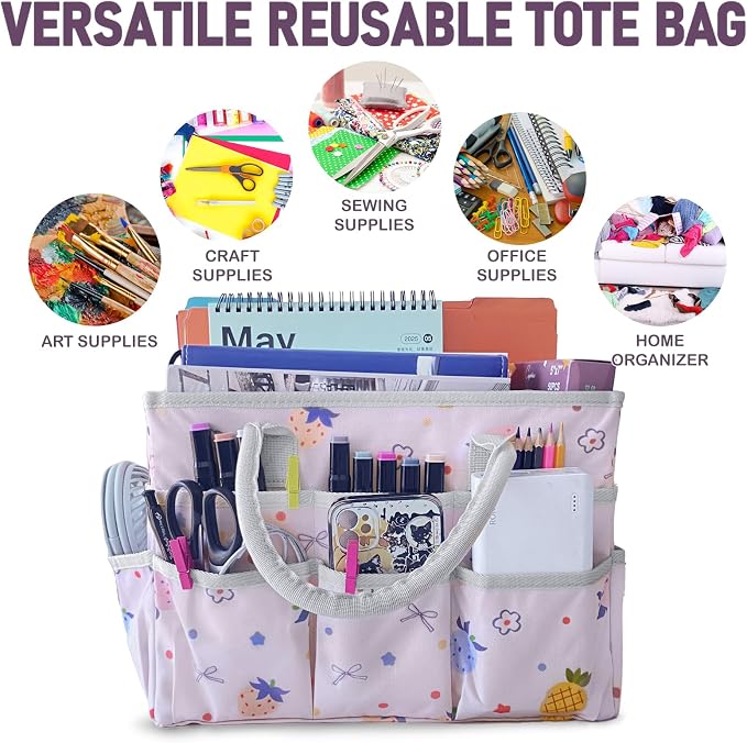 Cupohus Craft Organizer Tote Bag, Pink Fruit Sewing Bag for Art | Supply Storage Bags with Pockets and Handles, Oxford Fabric Carrying Caddy for Teacher, Officer, Artist, Traveler, and More