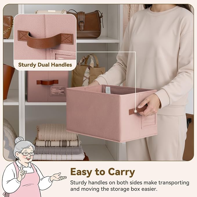 GRANNY SAYS Closet Storage Bins with Label, Dusty Pink, Medium, 3-Pack | Clothes Storage Bins with PU Handles, Closet Organizer for Shelves, Collapsible Decorative Storage Box