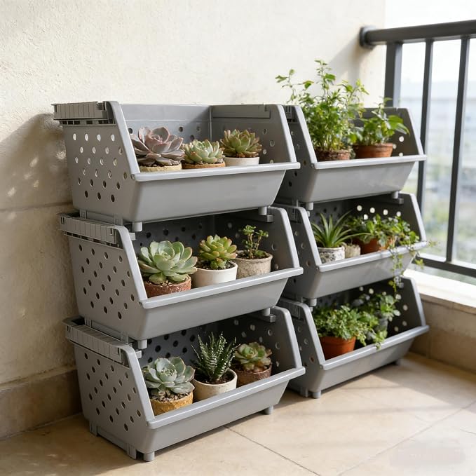 Zopnny Stackable Storage Baskets, 4-Tier Plastic Stacking Bins Open Front | Modular Organizer and Storage Bin for Pantry, Kitchen, Bathroom, Playroom, RV, Easy Stacking, Vertical & Space Saving, Grey