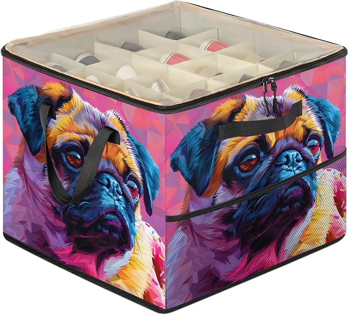 TropicalLife Funny Pug Dog Shoe Organizer for Closet | Foldable Shoe Storage Box Bin 16-32 Pair Shoe Storage for Sneakers, Boots & Heels with Adjustable Dividers, Clear Cover