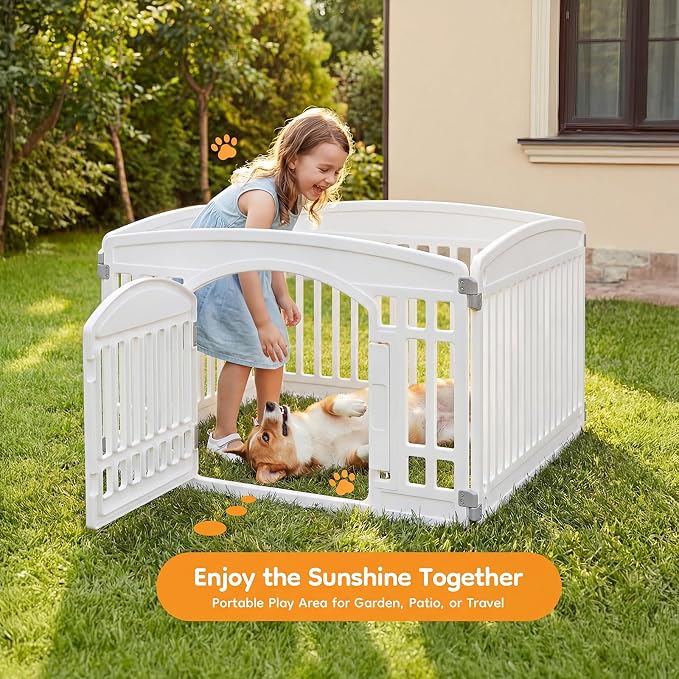 NEWBULIG 24 Inch 4 Panels Dog Playpen, Plastic Pet Play Pen Fence | Portable, Secure Locking Door, Indoor Outdoor Yard RV Camping, Small Medium Dogs, White