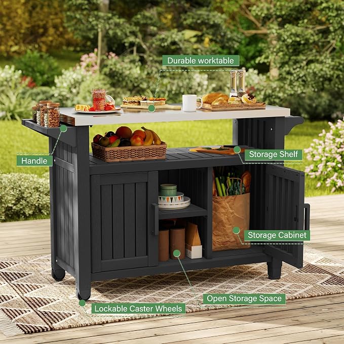 Bifanuo Outdoor Grill Table Grill Cart with Stainless Steel Top & Storage Cabinet for Food Prep and Storage, Portable and Durable with Wheels(Classic Black)