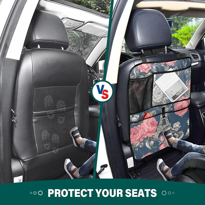 2 Pack Back Seat Car Organizer with Storage Pockets Kick Mats Back Seat Protector Hanging Car Organizer Automotive Seat Back Cover Organizers Blue French Eiffel Tower and Roses