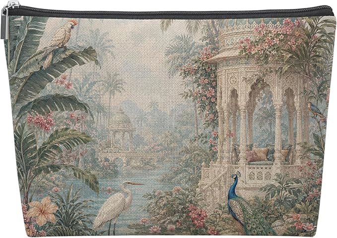 Chinoiserie Tropical Plant Peacock Empty Mahjong Tile Bag 13x7.8in | French Country Flower Garden Heron Printed Portable Organizer Zipper Pouch for American Mahjong Tiles Accessories and Gifts