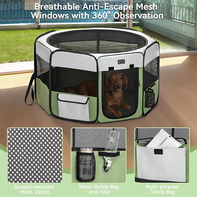 PETSFIT Portable Dog Playpen 36", Removable Waterproof Mat, Zippered Roof | 3-Second Setup, Collapsible Storage, RV Camping Travel, Indoor Outdoor Use, Medium Dogs and Cats, 36"L x 36"W x 21"H