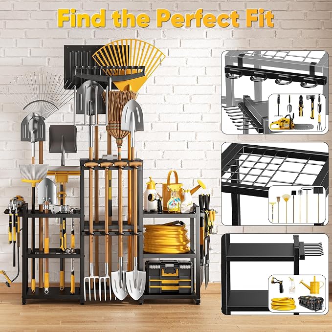 POKIPO 42" H Large Garden Tool Organizer, Holds Up to 86 Tools, Heavy Duty Yard Tool Organizer for Garage, 61“ Wide Lawn Freestanding Tool Storage Rack for Outdoor Shed Tool Rake, Shovel, Brooms