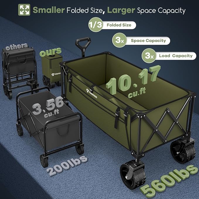 48'' Extra Large Collapsible Wagon with Big Wheels, 300L Green | 560LBS Heavy Duty, Wagons Carts Foldable, All-Terrain, Brakes, Folding Cart, Utility for Beach/Camping/Garden/Sports/Grocery