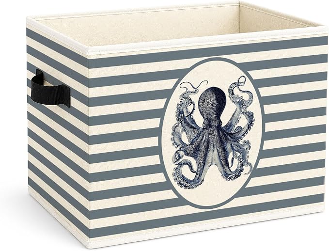 Octopus Storage Bin, Nautical Ocean Blue Stripe Fabric Basket | Foldable octopus fabric organizer for nursery, bedroom, playroom, toys, books, and clothes