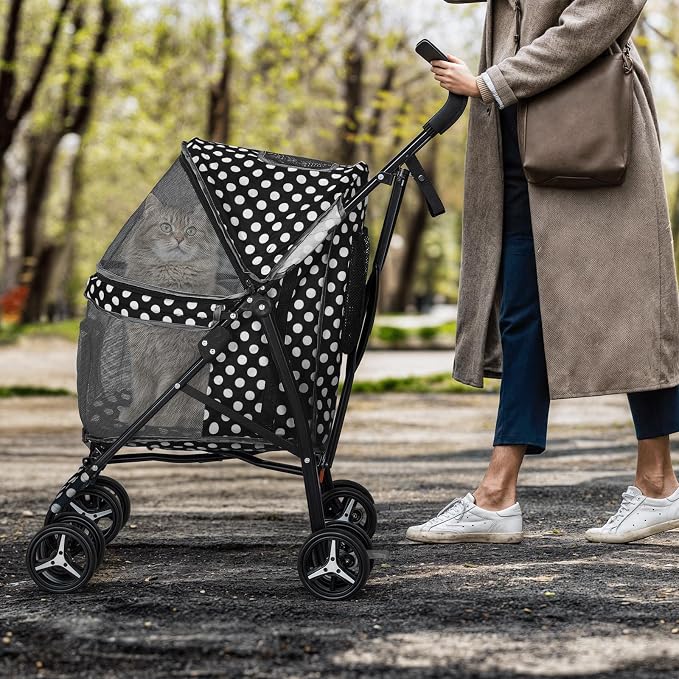 MoNiBloom Pet Stroller for Small/Medium Dogs and Cats, Black Polka Dots | Foladble 4 Wheels Easy-Fold Puppy Cage Jogger Stroller with Sun Cover, Pad and Rear Storage Bag, Breathable and Visible Mesh