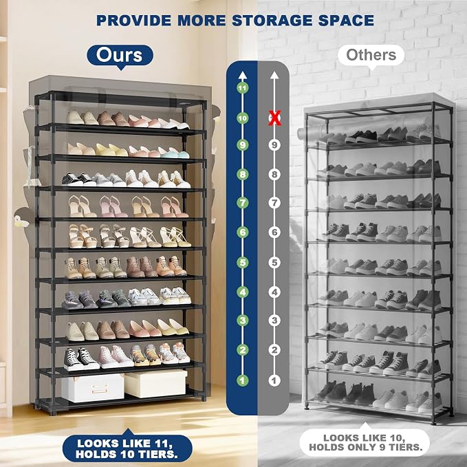 Mavivegue Shoe Rack with Cover, 10+1 Tier Tall Shoe Storage | for 50-55 Pairs of Shoes, Shoe Organizer for Entryway, Closet