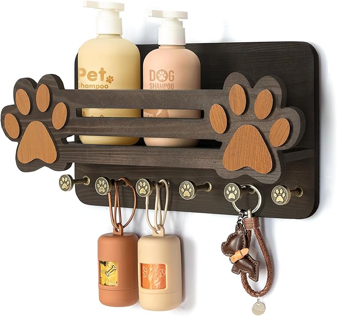 MTERSN Dog Leash Holder for Wall with Floating Shelf & 6 Hooks, Dark Brown | 3D Paw-print Design, Mail Organizer Store Dog Stuff, Cute Dog Accessories Organizer with Shelf, Ideal for Farmhouse Decor