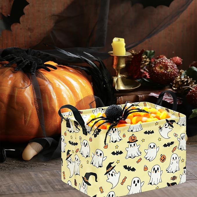 Halloween Basket Yellow Pumpkin Ghost Storage Toy bin For Boys Girls Kids | Foldable Storage Basket ,Waterproof Organizer Bin,Pumpkin Bat Pattern Nursery Hamper, Halloween Decor,Collapsible Organizer