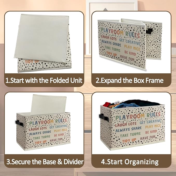Boho Nursery Playroom Cube Storage Bins with Handles, Playroom Rules Collapsible Fabric Storage Basket Boxes Books Clothes Organizer for Kids Boys Girls Room Bedroom Playroom Bathroom
