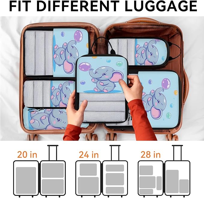 Blue Elephant 6 Set Compression Packing Cubes Cute Expandable Packing Organizer for Travel Accessories Luggage Suitcase Bag