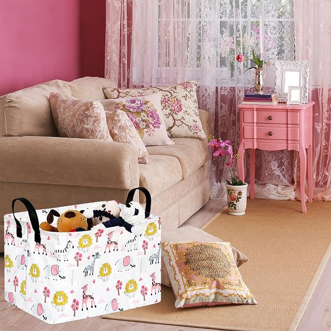 Gift Toy Storage Basket for Girls and Boys, Storage Organizer for Nursery Hamper Home Bedroom Laundry Hamper Shelf Easter Baskets (Pink Zoo)