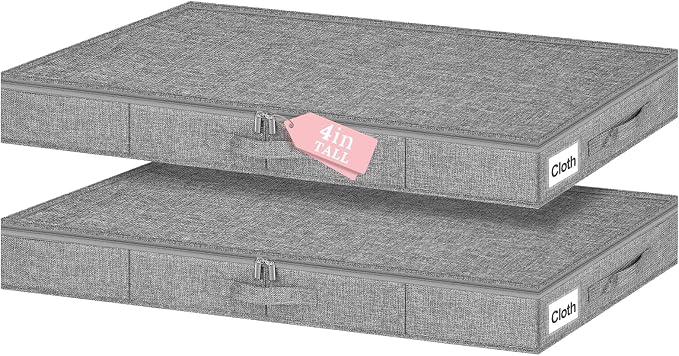 4-In Low Profile Under Bed Storage, Rigid Structure, 2 Pack, Gray | Below 4 Inch Low Space Storage, Rigid Sides & Bottom, Reinforced Handles, Foldable Design, for Couches, Cribs, Dorm Beds