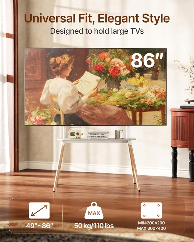 4-Leg Easel TV Stand for 49-86" TVs, 110 lbs, White | Height-adjustable floor TV stand, storage shelf, cable management and protective pads for living room, office or school