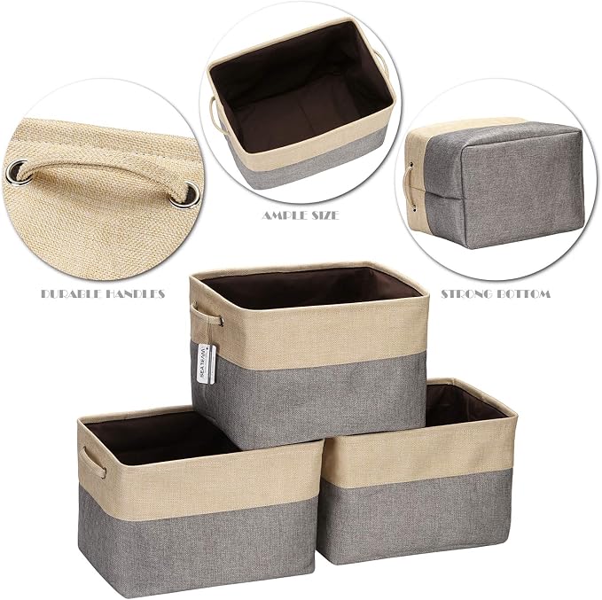 Sea Team Large Rectangle Canvas Open-Top Storage Baskets, 3-Pack | Collapsible Fabric Storage Bins with Handles, Closet Shelf Organizers, 15 x 10 x 10 Inches, Gray & Beige