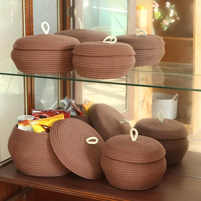 Sea Team Round Woven Cotton Rope Storage Basket with Lid, Brown | Lidded Knitted Decorative Storage Bin, Pot, Caddy, Organizer, Container for Snacks, Towels, Plants, 13 x 9 Inches