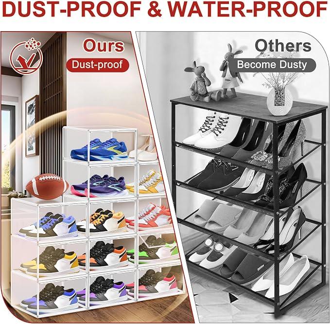 1 Pack Clear Plastic Shoe Boxes with Acrylic Magnetic Door, Size 12 | Shoe Storage Organizer for Closet, Stackable Shoes Rack Handbag Organizer Plastic Sneaker Storage Bin with Magnetic lids