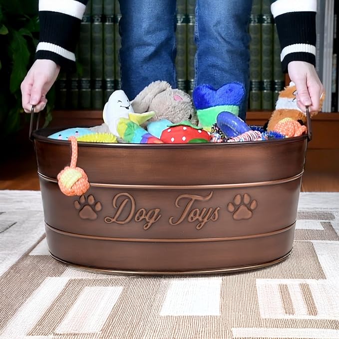 BREKX Copper Metal Dog Toy Storage Bin, Indestructible, Large | Toy, Blanket & Leash Organization • Carrying Handles