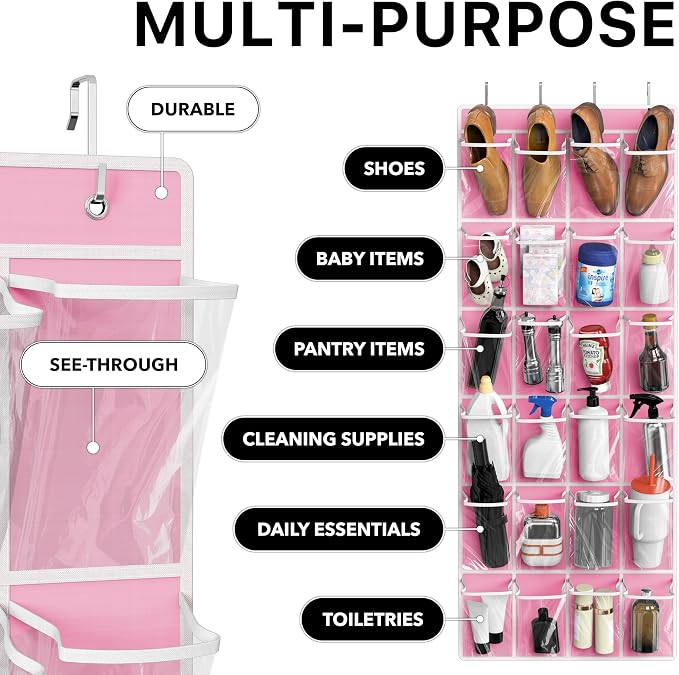 Simple Houseware 24 Pockets Large Clear Over the Door Shoe Organizer, Pink | 56" x 22.5", 4 Durable Metal Hooks, 5" x 9" Pocket Size, Multipurpose
