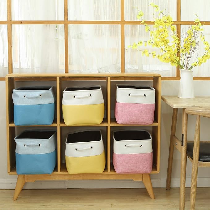 Sea Team Large Rectangle Canvas Open-Top Storage Baskets, 3-Pack | Collapsible Fabric Storage Bins with Handles, Closet Shelf Organizers, 15 x 10 x 10 Inches, Pink & White