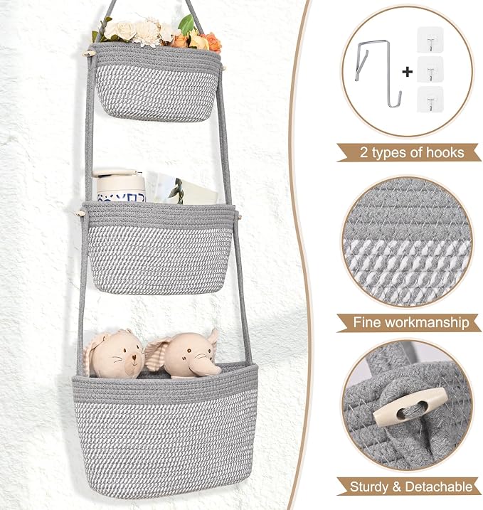 Hanging Basket, 3-Tier Woven Wall Basket with 4 Hooks, Cotton Rope Storage Baskets, Over the Door Organizer for Nursery, Bedroom, Cottage and Boho Wall Decor