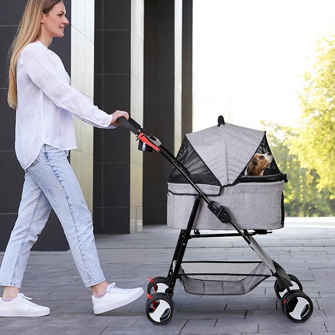 4 Wheels Foldable Pet Dog Cat Jogger Stroller Travel Carrier Strolling Cart w/Waterproof Cover Storage Basket Cup Holder & Detachable Carrier for Medium Small Cat Dog, Grey