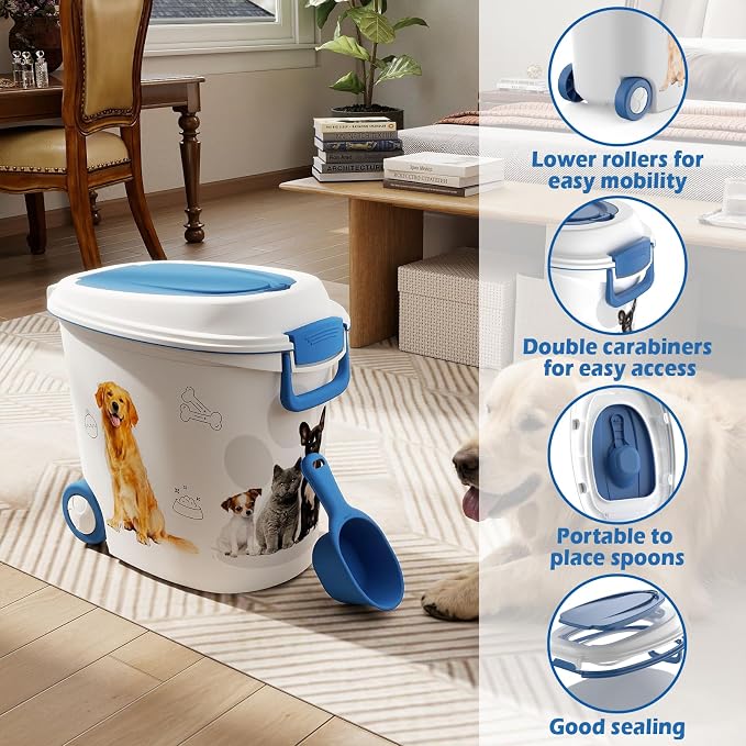 DRATO Cat Food Storage Container with Removable Wheels, Extra Large Capacity Sealed Lid Design for Easy Cleaning, Multi-Purpose Pet Food Container Bowl Scoop Included.