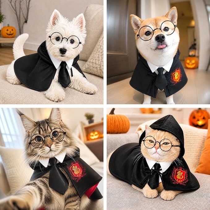 Dog Cat Halloween Costumes,3PCS Pet Dog Wizard Cape,Glasses & Necktie | Halloween Puppy Outfit for Small Medium Dogs Cats Set,Pet Academy Magician Cosplay Costume